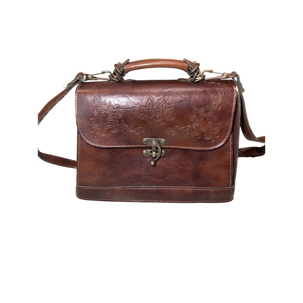 Vintage Brown Embossed Crossbody Satchel Purse Floral Latch Bag Western